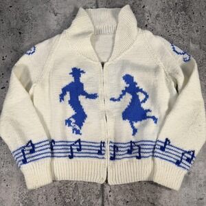 Handmade Sweater Kids 4-5 White Full Zip Music Notes Dancing Couple Cardigan